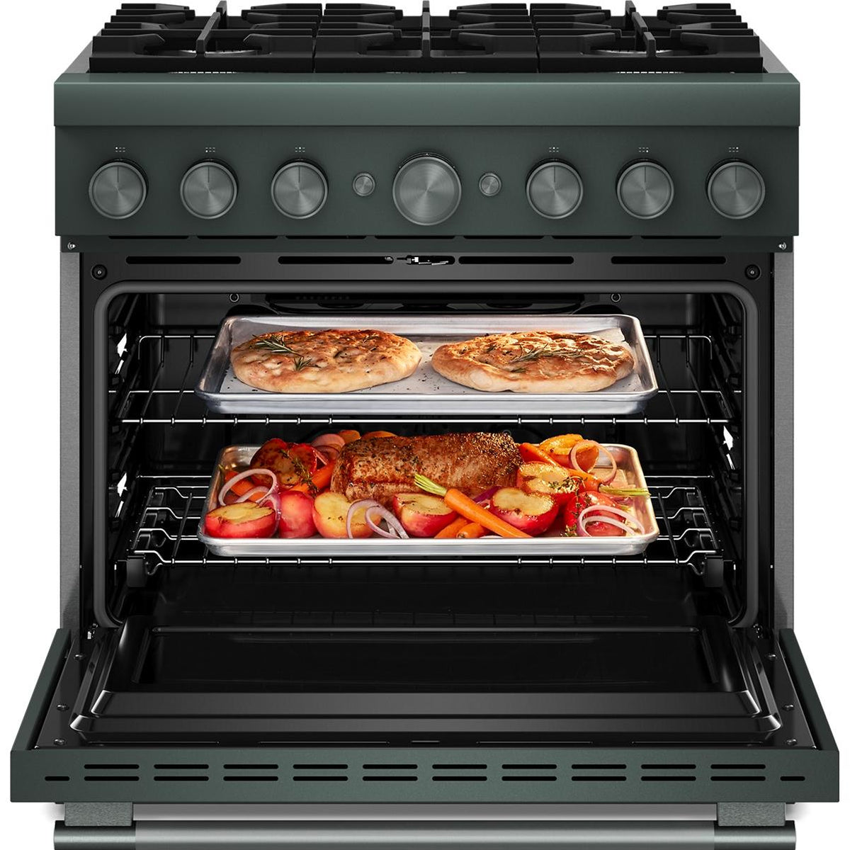 KitchenAid 36-inch, 5.1 cu. ft. Freestanding Commercial-Style Dual-Fuel Range with Even-Heat™ True Convection KFDS936SJP IMAGE 2