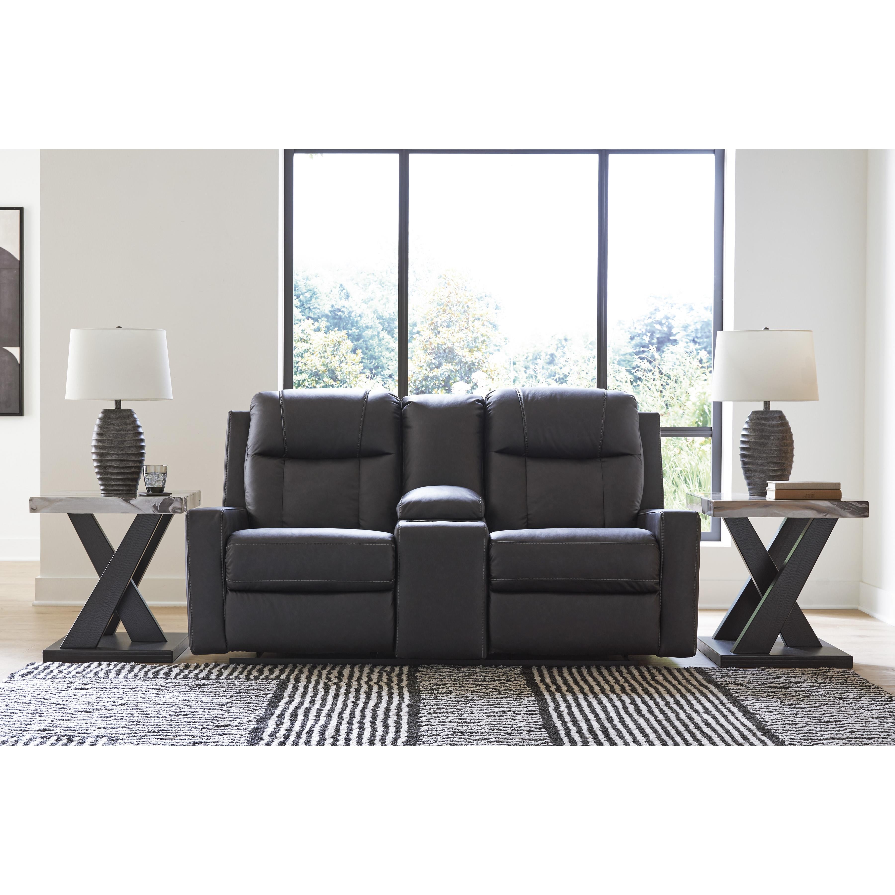 Benchcraft Mackmenville Reclining Leather Look Loveseat with Console 7471394 IMAGE 5