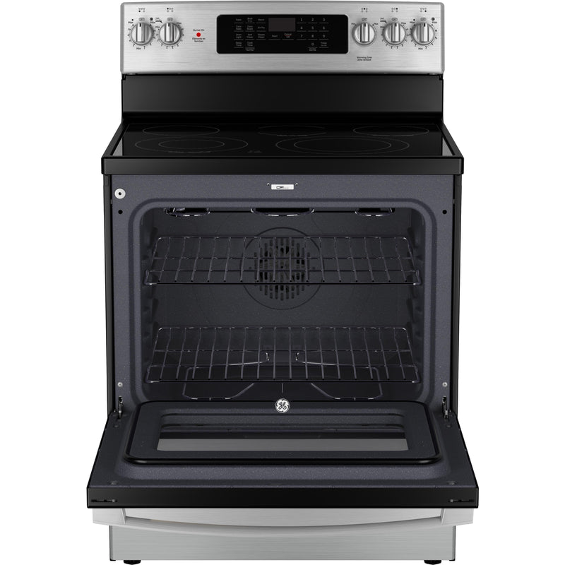 GE 30-inch Freestanding Electric Range with True European Convection Technology JCB840STSS IMAGE 2