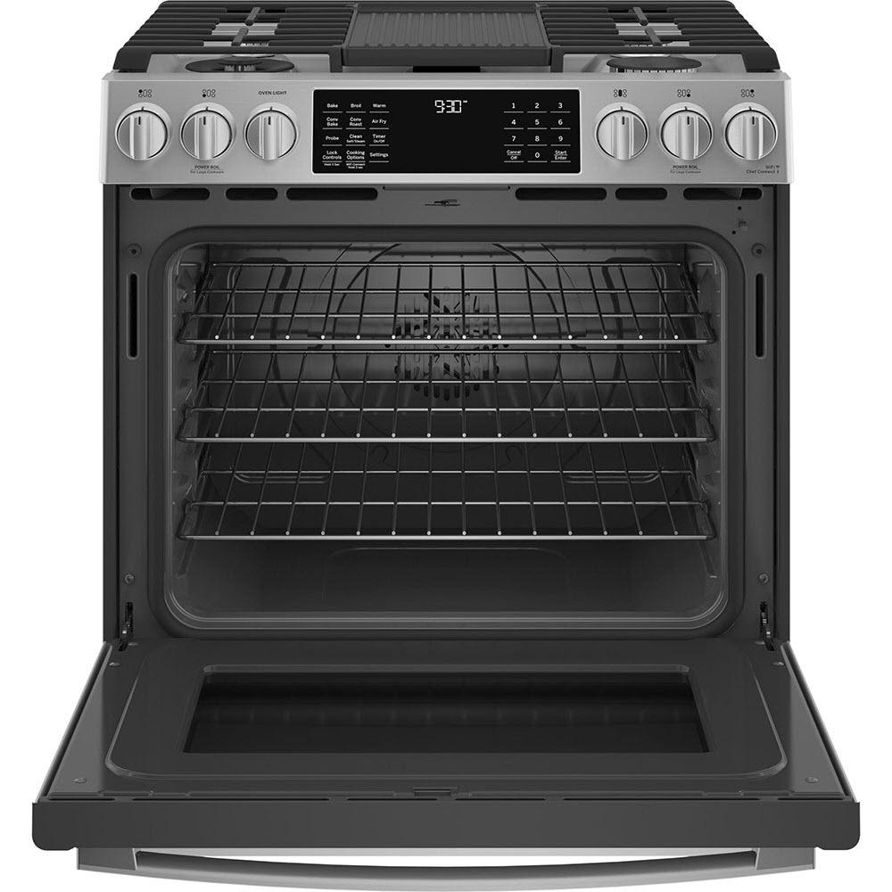 GE Profile 30in Slidein Dual Fuel Range with No Preheat Air fry Tech