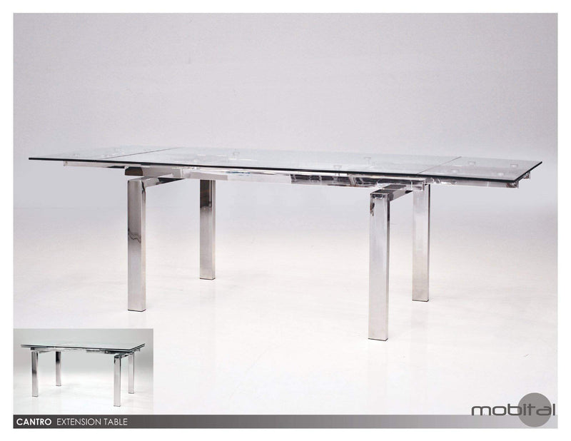 Mobital Dining Table Clear Cantro Extending Dining Table Clear Glass with Stainless Steel Features - Available in 2 Colours